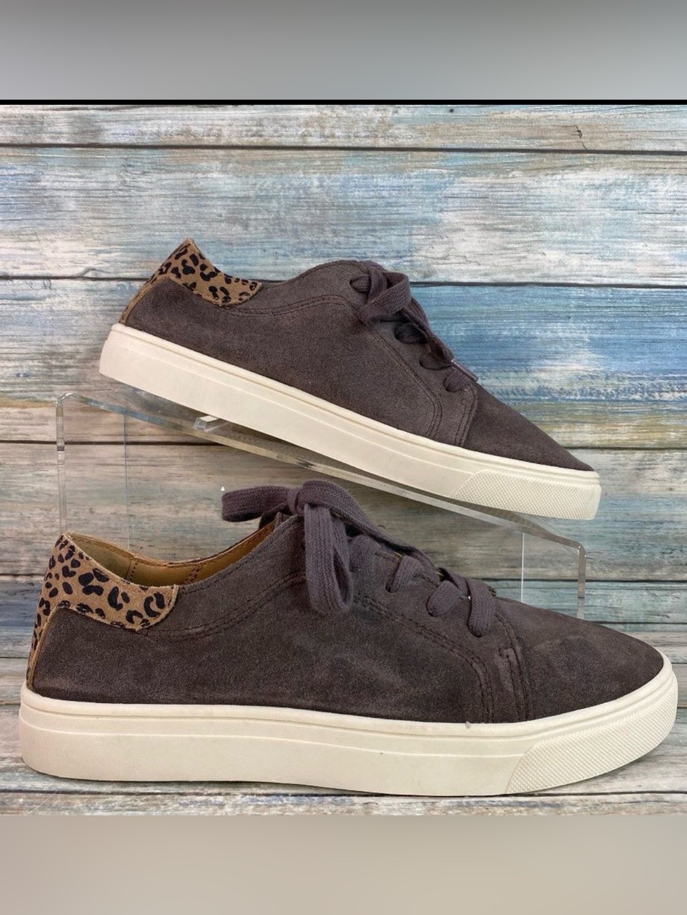 Lucky Brand Loucia Sneakers Womens 6M Gray Suede Lace Up Leopard Print Shoes